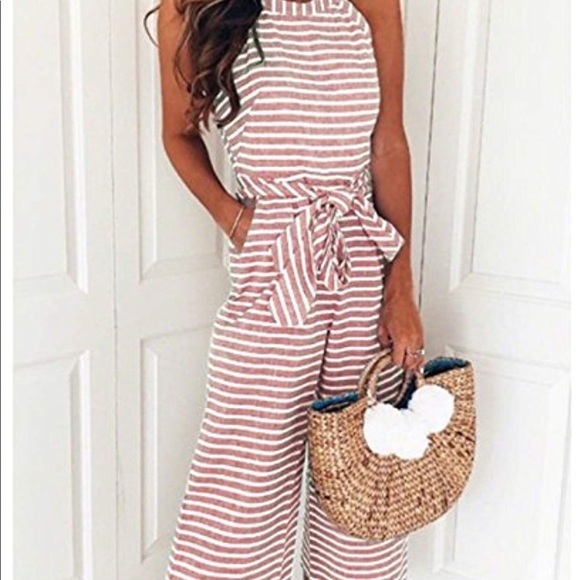 🆕 Striped Waisted Belt Wide Leg Jumpsuit: Pink - Picture 4 of 8